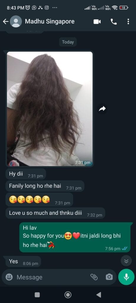 Happy customer review highlighting the success of Tera Herbals and Hairfall Solutions products in preventing hair fall and promoting hair regrowth.