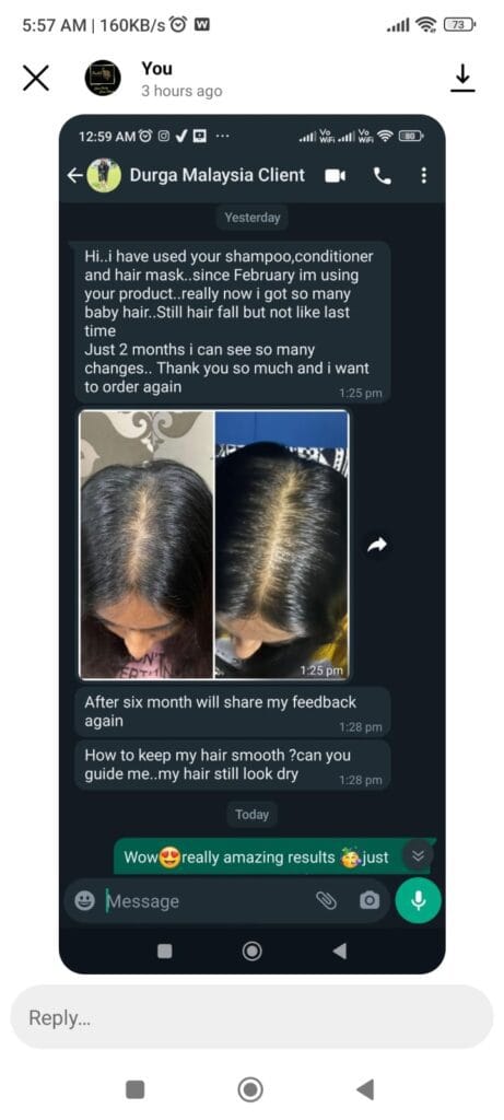 Customer review praising Tera Herbals and Hairfall Solutions natural hair care products for reducing hair fall and promoting hair growth.
